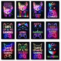 Neon Art Cat และ Gaming Controller โปสเตอร์ภาพวาดผ้าใบ Gamers Handle Wall Art รูปภาพสำหรับชายหญิง Playroom Decor