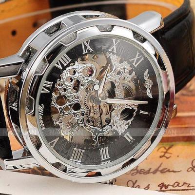 【☄New Arrival☄】 anlei3 นาฬิกาข้อมือมีสายหนังสำหรับผู้ชาย,นาฬิกากลไกแบบกลวงลายโครงกระดูก