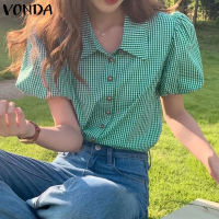 เสื้อเชิ๊ตแขนพองอเนกประสงค์แฟชั่นของผู้หญิง VONDA เสื้อตาหมากรุกย้อนยุคเดินทาง (ลำลองเกาหลี)