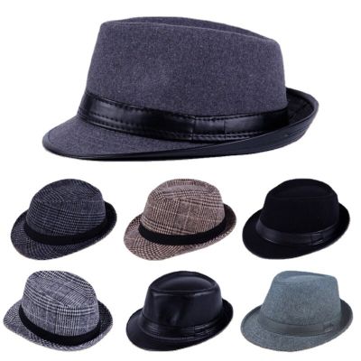 หมวกทรง Fedoras สำหรับผู้ชาย,หมวกทรงโบเลอร์ทรงคลาสสิกหมวกแนวแจ๊สทรงสูงสีพื้นฤดูหนาว