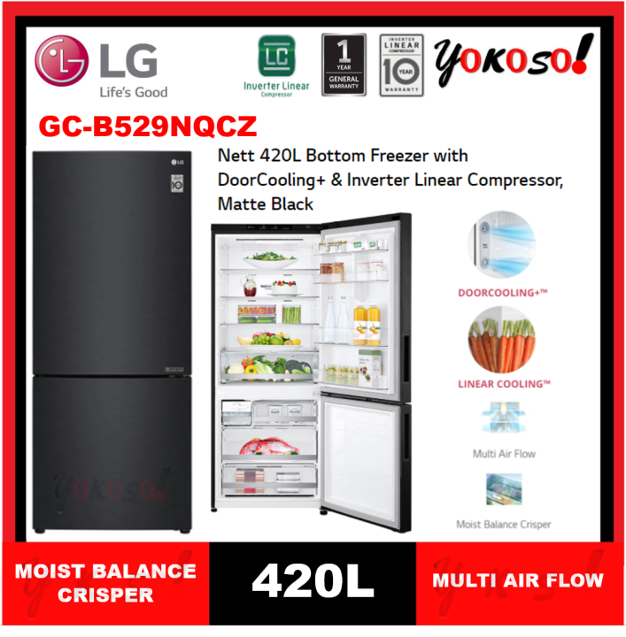 LG GCB529NQCZ 454L Matt Black Bottom Freezer with Inverter Linear