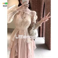 NINI · [Autumn New Product] sweet and gentle suspender dress summer sleeveless V-neck waist-cut Pengpeng skirt long wooden ear edge A- line skirt for women V728