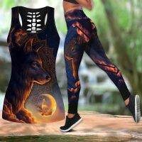 【CW】 Wolf All Over Printed Pattern Hip Lifting Pants Backless Camisoles Tanktop