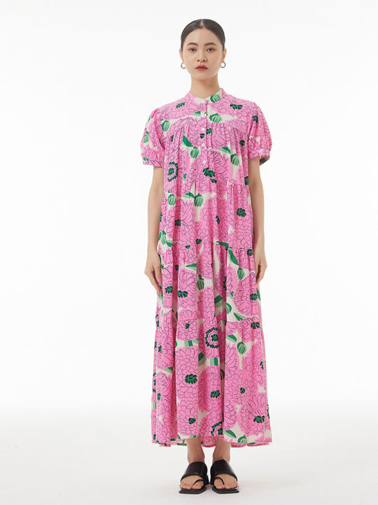 xitao-dress-casual-women-stand-collar-floral-print-dress