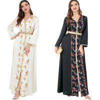 Abaya ดูไบชุดราตรีตุรกีเสื้อผ้ารอมฎอน Eid ผู้หญิงมุสลิมพิมพ์ V คอ Robe Kaftan อิสลาม jilbab Femme mus. Sululmann