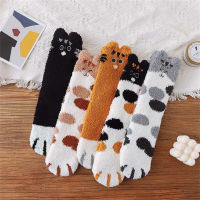 Plus Velvet Lucky Thick Women Cute Kawaii Winter Coral Fleece Socks Mid-thigh Socks Cat Paws Floor Socks
