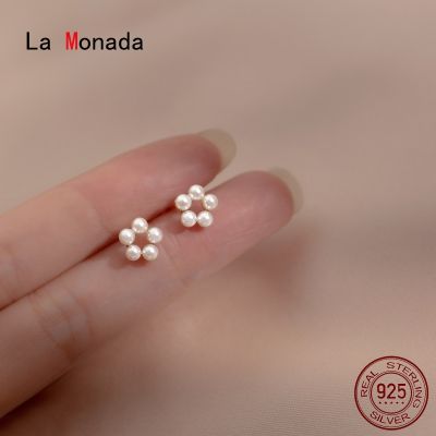 La Monada Flower Stud Earrings 925 Sterling Silver 925 Small Fake Pearl Silver Earrings For Women Silver Pierced Girls Student