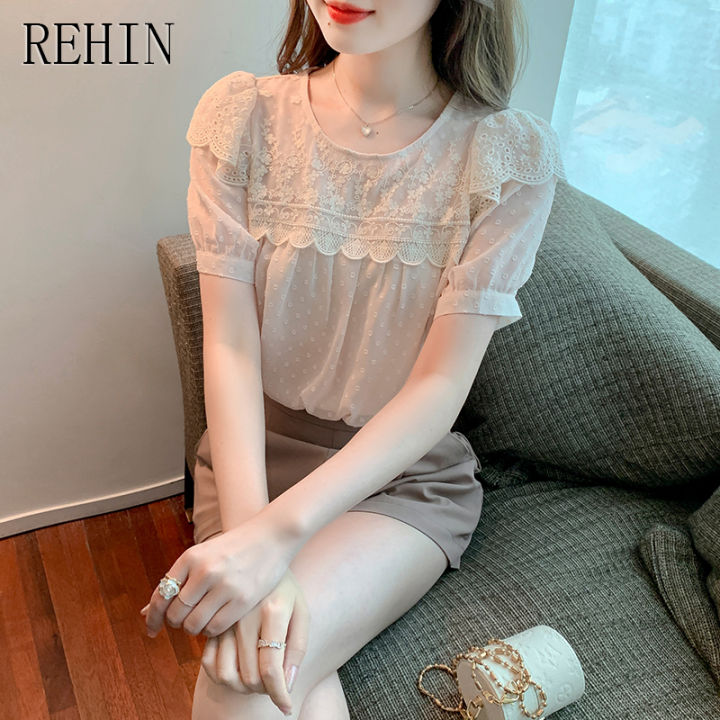 rehin-เสื้อลูกไม้อเนกประสงค์ลายจุดเล็กๆของผู้หญิงเสื้อลูกไม้หวานๆลายจุดเล็กๆสำหรับฤดูร้อนแฟชั่นใหม่เสื้อผู้หญิงแขนสั้น