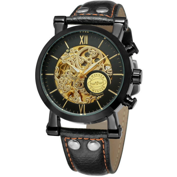 xinsu-นาฬิกาข้อมือนาฬิกากลไกอัตโนมัติกันน้ำ-นาฬิกาข้อมือสายหนัง-pu-หน้าปัดลายโครงกระดูก