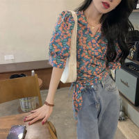 Summer French Style Sneaky Design Lace-Up Waist-Controlled Fashionable Floral Top Women Retro Design Niche Short Sleeve Shirt Women