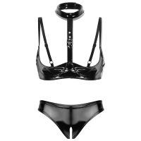 2Pcs Women Wet Look Patent Leather Sexy Leotard Lingerie Set Open Cups Shelf Bra Top With Open Crotch High Cut Briefs Underwear