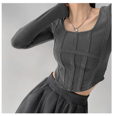Y2k เสื้อยืดคอกลมสำหรับผู้หญิงเสื้อครอปแขนยาว2023เสื้อคอตตอนเสื้อสตรีทแวร์ฤดูใบไม้ผลิ