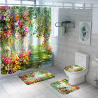 Oil Painting Flowers Waterproof Polyester Bathroom Curtain with Hooks Anti-slip Soft Bath Car Mat Lid Toilet Cover Home Decor