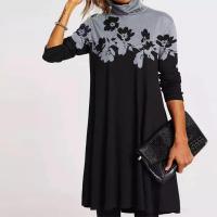 Autumn Winter Womens Long Sleeve Turtleneck Loose Mini Dress Elegant Casual T shirt Dress Plus Size Vintage Warm Print Dresses