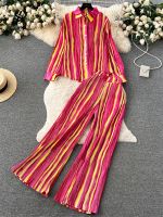 SINGREINY American Retro Autumn Suits Loose Shirt Wide Legs Pleated Long Pants Women Streetwear Maxi Color Block Two Pieces Sets