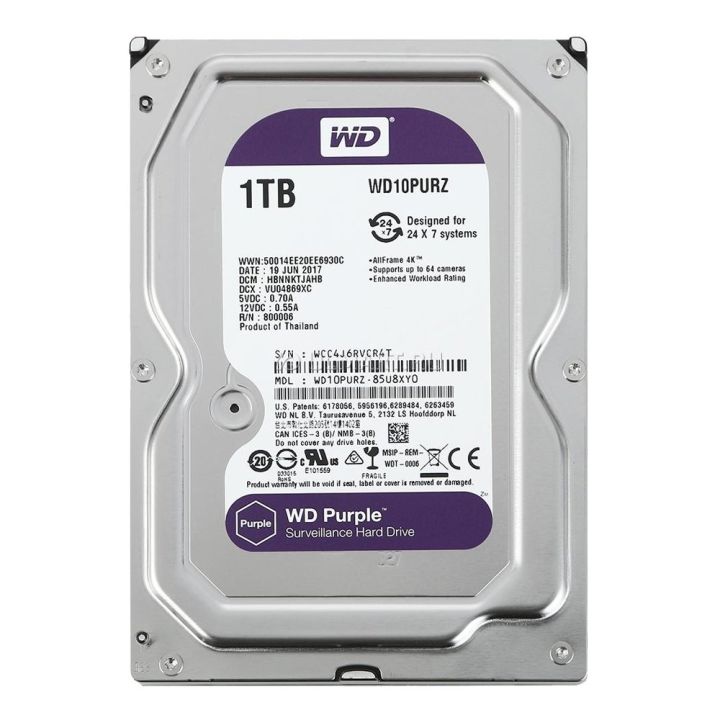 WD 1TB Purple 3.5 HDD CCTV - WD10PURZ (สีม่วง) รับประกัน 3 ปี TRUSTED BY SYNNEX