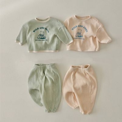 ☜☏◎ Spring Autumn Kids Clothes Set Boy Girl Baby Waffle Cartoon Long Sleeve Tops Solid Pants 2pcs Children Letter Print T-shirt Suit