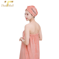 ThaiTeeMall-ผ้าขนหนูอาบน้ำ ผ้าเช็ดตัวใหญ่ มียางยืดและกระดุมแป๊ก พร้อมผ้าคลุมผม ผ้าหนานุ่ม (ขนาด 80 x 140 เซนติเมตร) รุ่น MD-S142 พร้อมส่งจากไทย