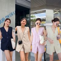 Simplestyle.byd Sleeveless Blazer Style ชุดเซทเสื้อกางเกง กางเกงขาสั้นเอวสูง เบลเซอร์ เสื้อคลุม ชุดไปคาเฟ่