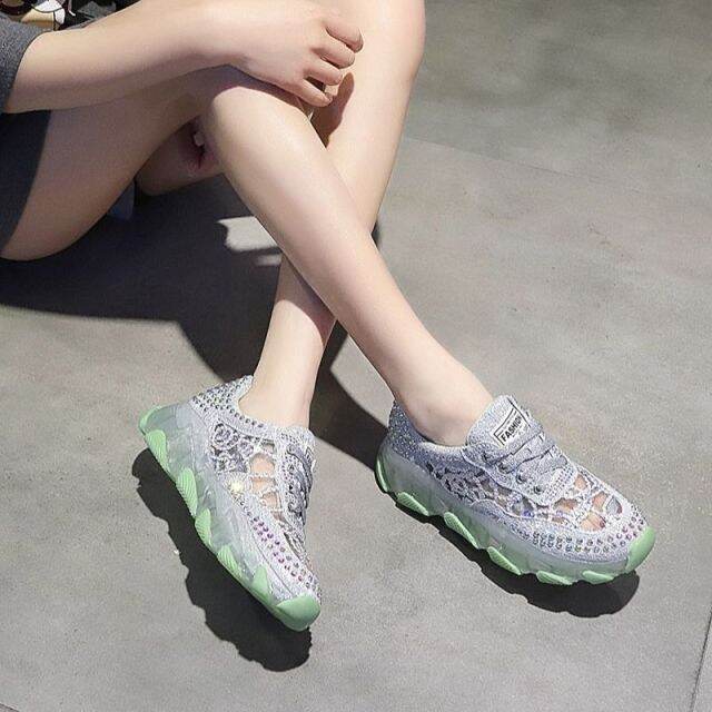 New Arrival】2024 Women Flat Breathable in Summer Sneakers Casual Female  Mesh Lace Up Rhinestone Platform Comfortable Vulcanized Shoes