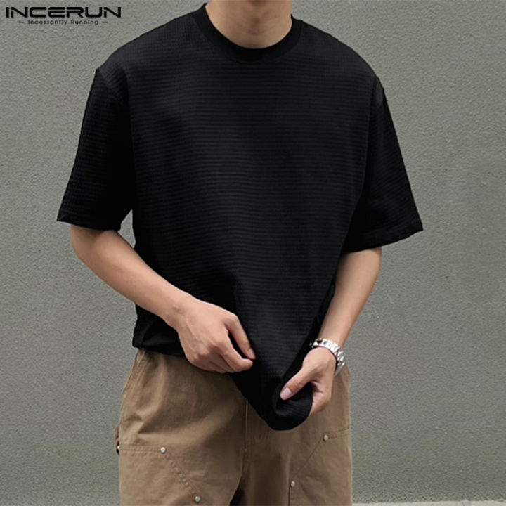 incerun-ผู้ชายแขนสั้นลายตารางเสื้อยืดเรียบง่าย-สไตล์เกาหลี