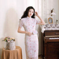 Verão Rosa Forrado ชีฟอง Cheongsam Bordado ดอกไม้มังงะ Curta วินเทจ Vestido Moda Elegante Qipao M A 3xl