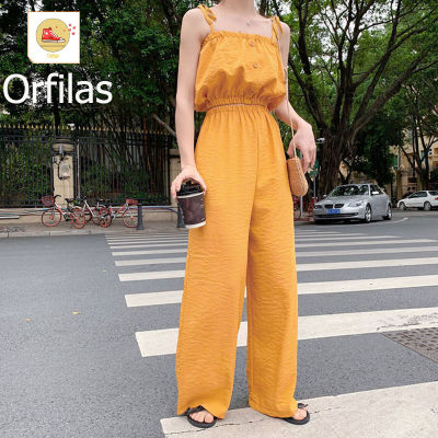 Orfilas เสื้อครอปสั้น + กางเกงขากว้างเอวสูง ชุดสูท 2 ชิ้น สีเหลือง สำหรับผู้หญิง สูทแฟชั่นฤดูร้อน ชุด Vitality 2 ชิ้น,การส่งเสริม