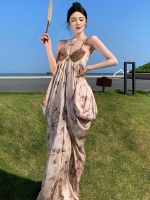 【hot】 Temperament Fashion Patchwork Print Pleated Waist Woman Backless Robe Evening Dresses