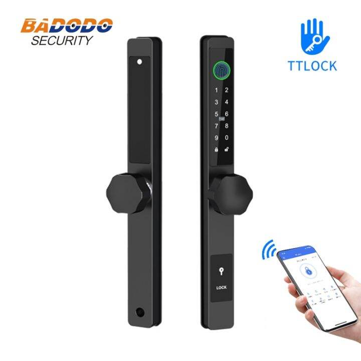 ttlock-รหัสผ่านโดยใช้ลายนิ้วมือล็อคอัจฉริยะกันน้ำสำหรับการดึงแบบกดประตูกระจกเฟรมเลื่อน2585-3085-4085-5085ร่อง