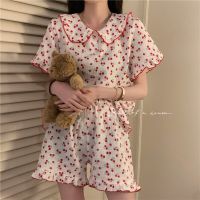 100% Cotton Summer Sleepwear Korean Pajamas for Women 2023 Pijama Cherry Print Pyjamas Female Set Woman 2 Piece Cute Loungewear