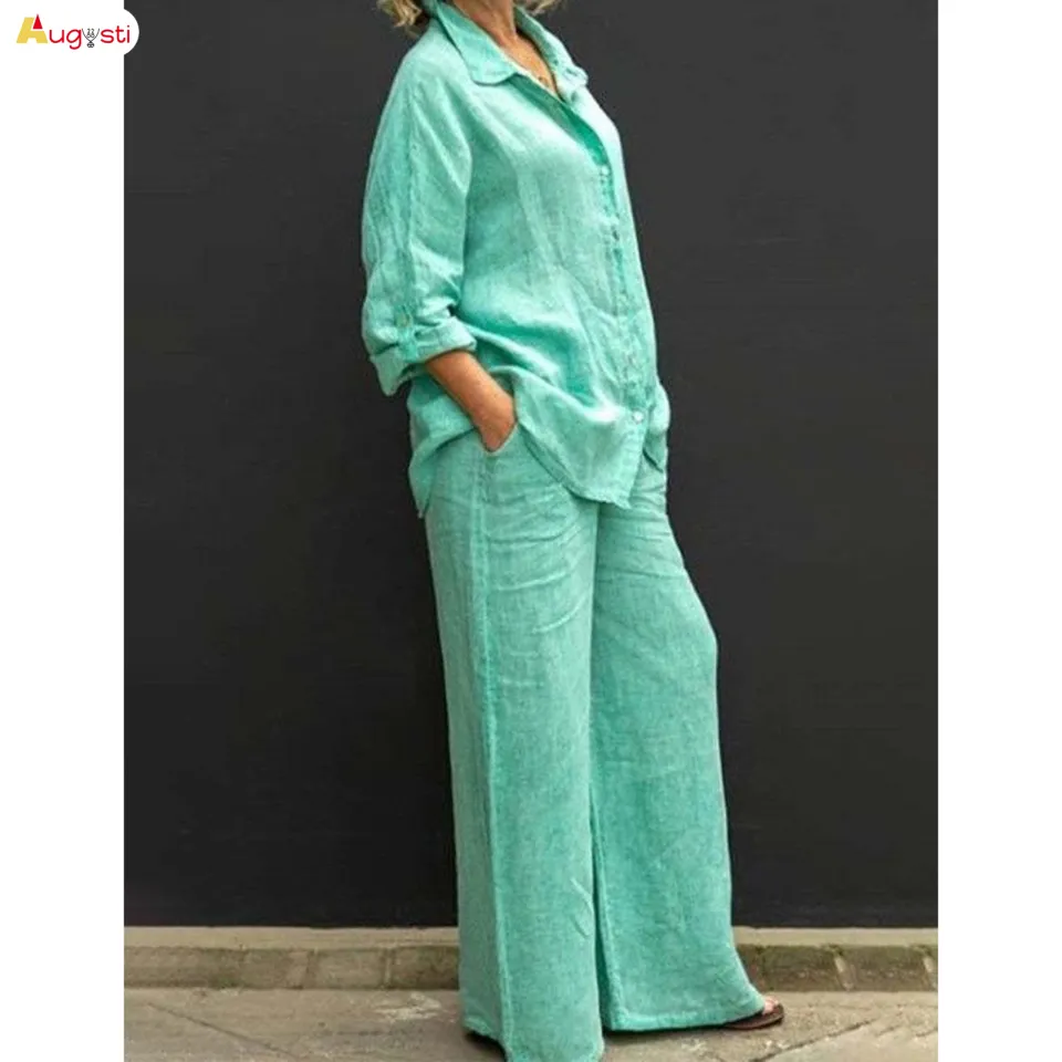 Augusti Women's Two Piece Outfits Autumn Linen Lapel Shirt and Long Pants  Casual Suits Treetwear Lounge Sets
