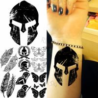 【YF】 Black Helmet Spartan Temporary Tattoos For Men Adult Butterfly Feather Henna Fake Tattoo 3D Body Art Disposable Tatoos Sticker