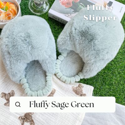 Mollis Fluffy Sage Green Slipper | รองเท้าใส่ในบ้าน รุ่นขนนุ่มสีเขียวหม่นเทา