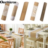 OurWarm Hessian Jute Lace Table Runner Natural Flower Burlap Table Cover Cloth Dinner Room Rustic Wedding Party Table Decoration