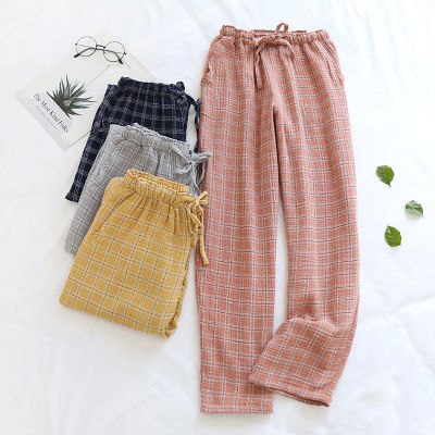 Couple Japanese Sleep Bottoms Plaid Simple Lattice Pajama Pants Women Men 100 Cotton Yarn Home Clothes Elastic Waist Sleepwear