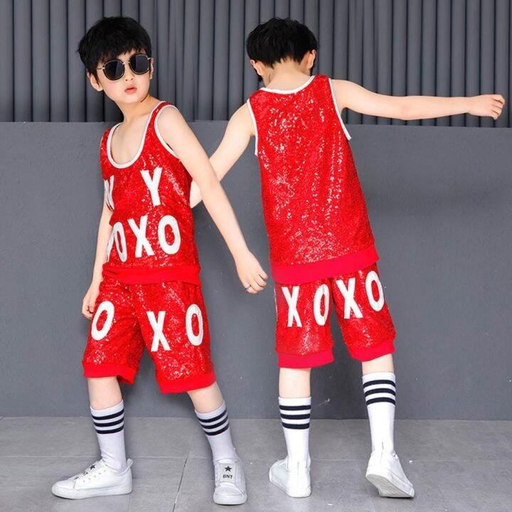 kids-girls-boys-red-sequins-streetwear-hip-hop-clothing-set-jazz-dance-costume-crop-jacket-blouse-shorts-terno-stage-performance-outfit