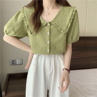 Green Shirt Women Short Sleeve Chiffon Blouse Korean Style Summer New Fashion Loose Tops