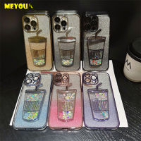 Meyou เคสโทรศัพท์ลายทรายเหลวไหลกากเพชรส่องแสงเป็นประกายวิบวับเลื่อมชานมถ้วยสำหรับ iPhone 14 13 12 11 Pro Max กับแผ่นป้องกันฟิล์มเลนส์ฝาครอบด้านหลังกันกระแทกซิลิโคนใสผู้ขายชั้นนำ