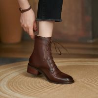 2021 Autumn Women Shoes Genuine Leather Chunky Heel Winter Women Boots Retro Solid Lace Lady Modern Boots Concise Booties Heels