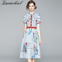 Runway Designer Beading Lace Hollow Out Bow Collar Patchwork Pleated Dress Women Short Sleeve Chain Flower Print Midi Dress