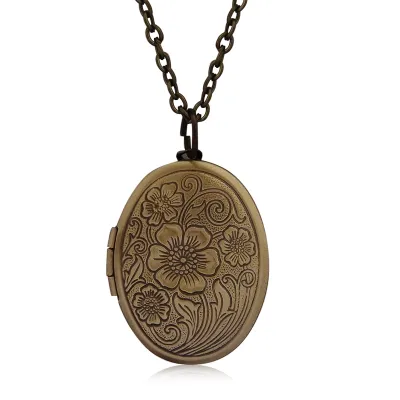 ☃▽ Oval Carved Flower Stripe Locket Pendant Necklace Women Vintage Ancient Brass Opening Photo Box Jewelry