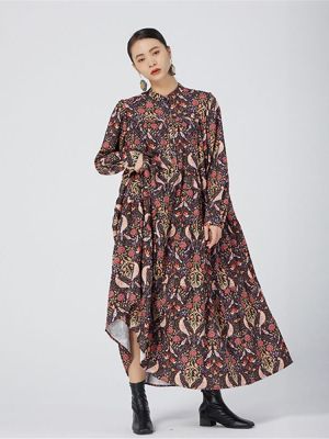 XITAO Dress Long Sleeve  Print Stand Collar Shirt Dress