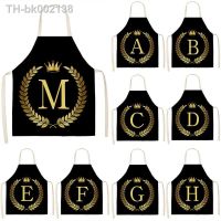 ♗ Black Golden Crown Letter Alphabet Print Kitchen Apron for Woman Man Cotton Linen Aprons for Cooking Home Cleaning Tools Tablier