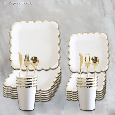✢❒✖ Creative 8 Guests White Disposable Tableware Golden Edge Square Plates Cups Wedding Favor Happy Birthday Party Decor Kids Adults