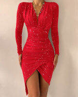【cw】ZC-4847 Pullover Mid Waist Boutique V Collar Temperament Commute Solid Color French Rhinestone Irregular Cinched Dress ！