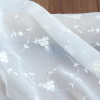 Fabric Width 95cm x50cm Chemical Fiber Translucent White Plant Flower Rose Embroidery Jacquard Diy Dress New Chinese Style 1Pc