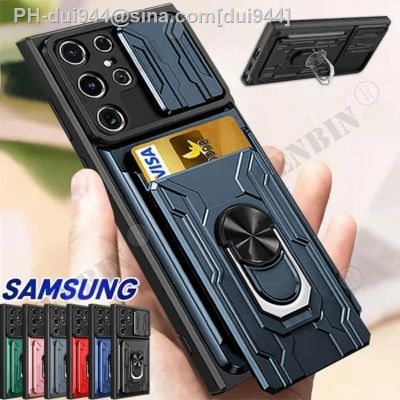 Case For Samsung S23 S22 Ultra Plus S23 FE A73 A54 A14 A24 Slide Stand Ring 360 Magnetic Camera Military Grade Card Slot Cover