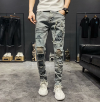 AL-43 Slim-fit jeans mens summer thin section ripped patch nine-point pants stretch skull print beggars skinny jeans