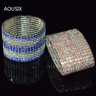 ▣☇ 6/12 Row Luxury Crystal Bridal Bracelet Multicolor Stretch Ladies Wide Bangle Silver Plated Crystal Bracelet Bracelet Jewelry