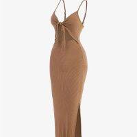 【CW】✖▩✟  Spaghetti Ribbed Knot Cutout Side Split Body-Con for   Womens Clothing Bodycon